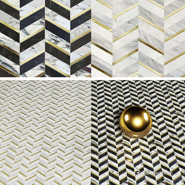 Modern Geometric Chevron Pattern Decorative Components With Marble And Gold Accents 3d model