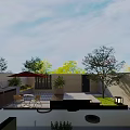 Modern Single Family Home Exterior With Beige Walls Large Windows Blue Roof And Green Shrubs