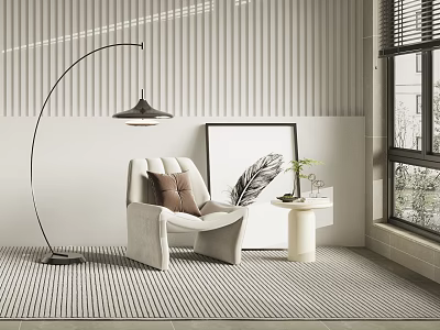 Modern Lounge Chair Interior With Arched Floor Lamp Brown Pillow Framed Artwork And Striped Rug 3d model