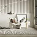 Modern Lounge Chair Interior With Arched Floor Lamp Brown Pillow Framed Artwork And Striped Rug