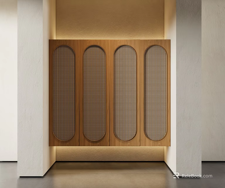 Modern Wooden Entryway Console Cabinet With Arched Doors And Lattice Panels 3d model 