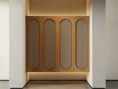Modern Wooden Entryway Console Cabinet With Arched Doors And Lattice Panels 3d model