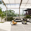 Villa Balcony Outdoor Lounge With Glass Roof Sofa And Wooden Flooring
