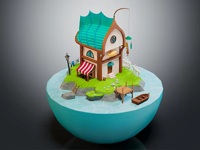 Whimsical Cartoon Scene With House Green Roof Red Striped Awning Street Lamp Boat Water Grass 3d model
