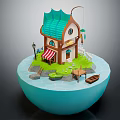 Whimsical Cartoon Scene With House Green Roof Red Striped Awning Street Lamp Boat Water Grass