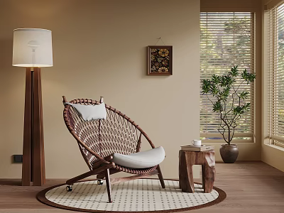 Cozy Living Room Interior With Wicker Chair Floor Lamp Side Table And Potted Plant 3d model