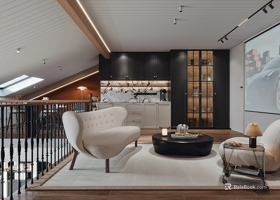 Modern Entertainment Room Interior With Cozy Sofa Cabinets And Projector 3d model 