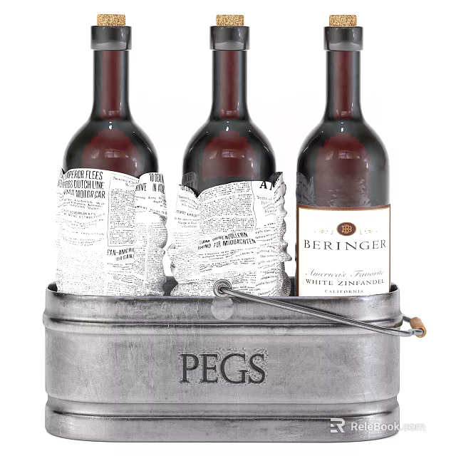 Wine Bottles Including Newspaper Wrapped And Beringers In PEGS Metal Bucket 3d model 