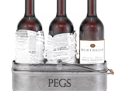 Wine Bottles Including Newspaper Wrapped And Beringers In PEGS Metal Bucket 3d model
