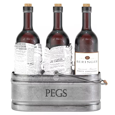 Wine Bottles Including Newspaper Wrapped And Beringers In PEGS Metal Bucket 3d model