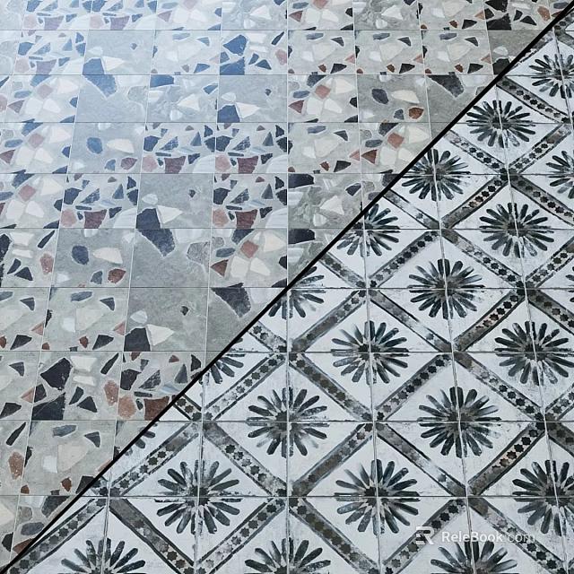 Home Decorative Floor Tiles With Colorful Terrazzo And Black White Geometric Patterns 3d model 