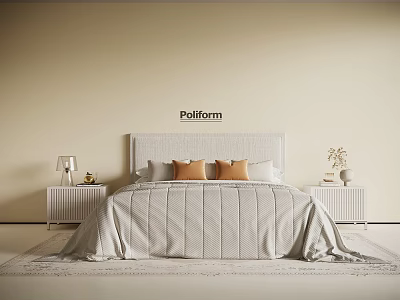 Pollform Modern Bedroom Interior With Beige Walls Light Headboard Gray Bedspread Orange Cushions White Nightstands 3d model