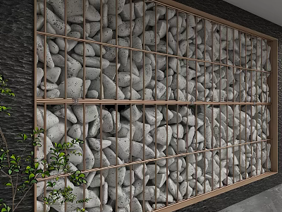 Modern Decorative Background Wall With Natural Stone And Metal Grid Design Accentuated By Green Plants 3d model