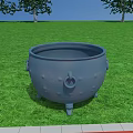 Gray Fireplace Cauldron With Three Legs And Side Handles On Green Grass With Trees