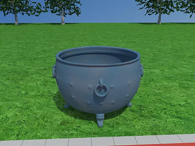 Gray Fireplace Cauldron With Three Legs And Side Handles On Green Grass With Trees 3d model