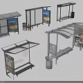 Various Public Bus Shelter Designs with Roofs Seats Advertising Boards and Trash Bins