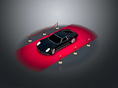 Black Sports Car Display On Red Carpet With Golden Stanchions And Ropes 3d model