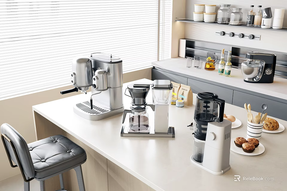Modern Kitchen Countertop Featuring Espresso Machine Drip Coffee Maker And Blender Appliances 3d model 