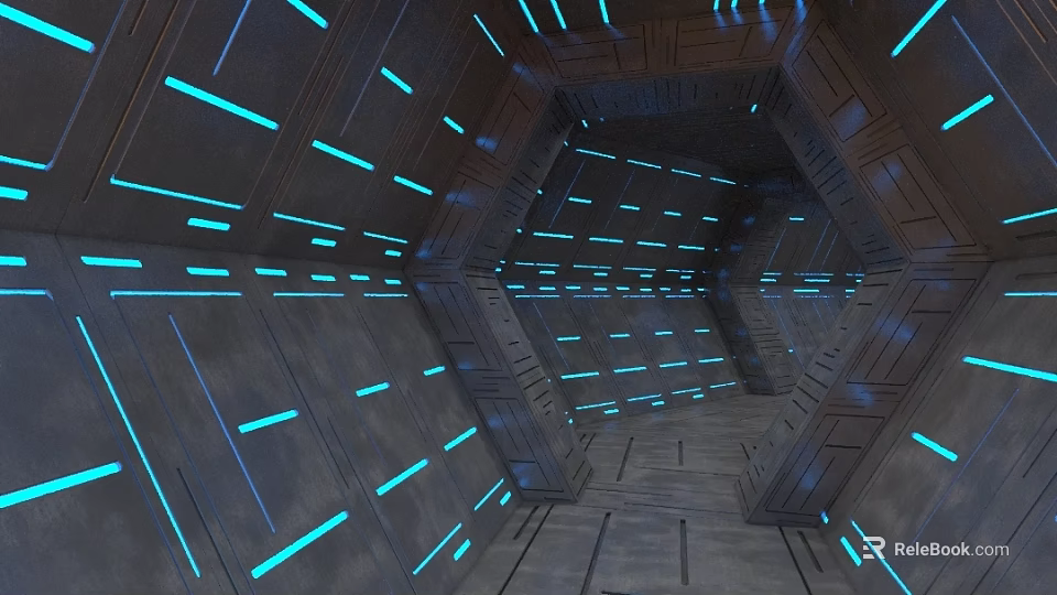 Sci Fi Hexagonal Structure Interior With Blue Glowing Lines On Metallic Walls And Floors 3d model
