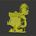 Treehouse With Red Roof Yellow Walls White Fence Surrounded By Two Trees And Base Decorations