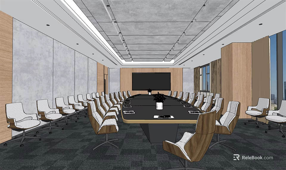 Modern Conference Room Interior With Long Table Surrounding Chairs Large Screen And Wooden Gray Walls 3d model 