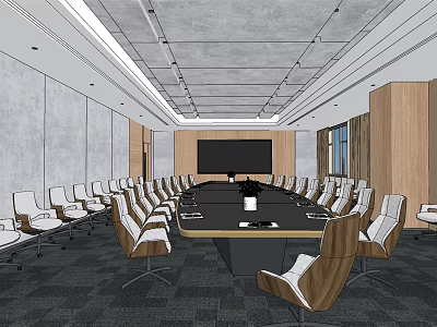 Modern Conference Room Interior With Long Table Surrounding Chairs Large Screen And Wooden Gray Walls 3d model