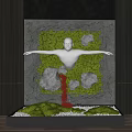 Silver Human Sculpture Indoor Landscape With Moss Wall Stones Red Stream And White Pebbles