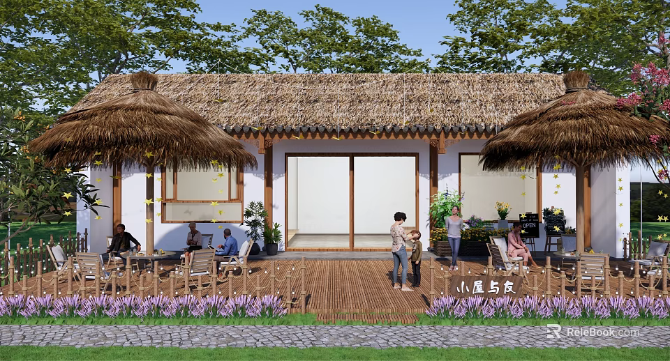 Traditional Thatched Roof Homestay Building with Wooden Veranda Purple Flowers Green Plants and Leisure Area 3d model 