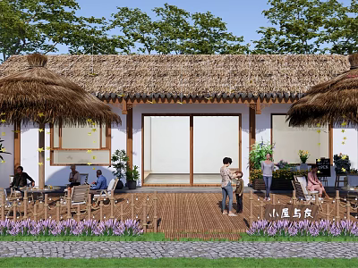 Traditional Thatched Roof Homestay Building with Wooden Veranda Purple Flowers Green Plants and Leisure Area 3d model