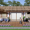 Traditional Thatched Roof Homestay Building with Wooden Veranda Purple Flowers Green Plants and Leisure Area
