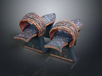 Traditional Embroidered Slippers With Decorative Patterns Dark Base And Orange Trim 3d model