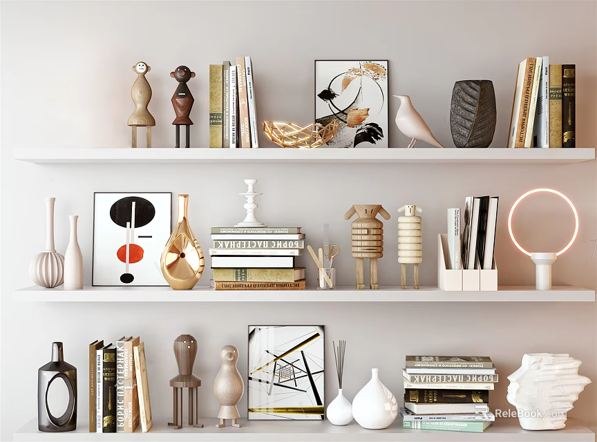 Decorative Ornament Set on Multi Tiered White Shelves Featuring Books Sculptures Vases and Art Frames 3d model 