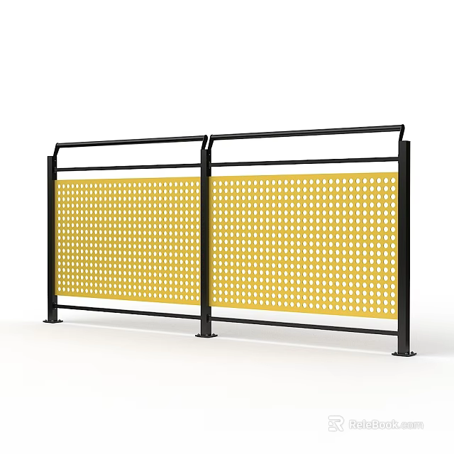Modern Yellow Perforated Fence With Black Frame And Grid Pattern Design 3d model 