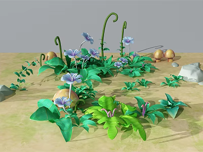 Lush Green Plants And Purple Flowers With Stones Egg Shaped Objects Vines And Leaves 3d model