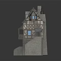 Medieval Style Buildings With Wooden Frames Gray Roofs Blue Windows And Balconies