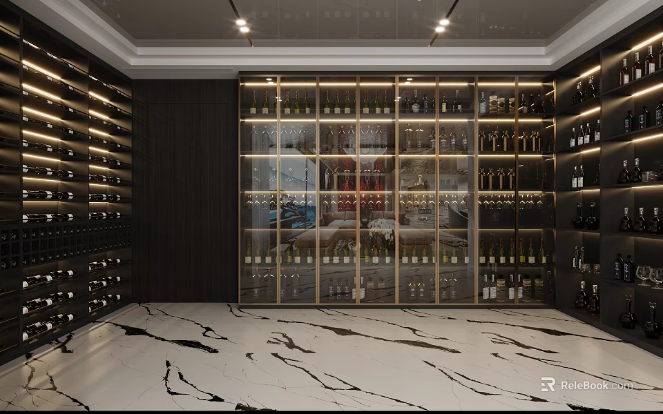 Modern Wine Cellar Interior With Glass Cabinets And Wine Racks 3d model 