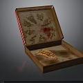 Pizza In Open Wooden Box With Red And White Checkered Trim And Grease Stains