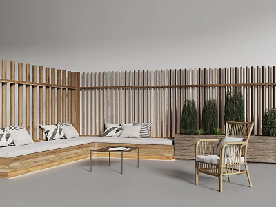 Modern Outdoor Sofa With Wooden Frame Cushions And Green Plants In Patio 3d model