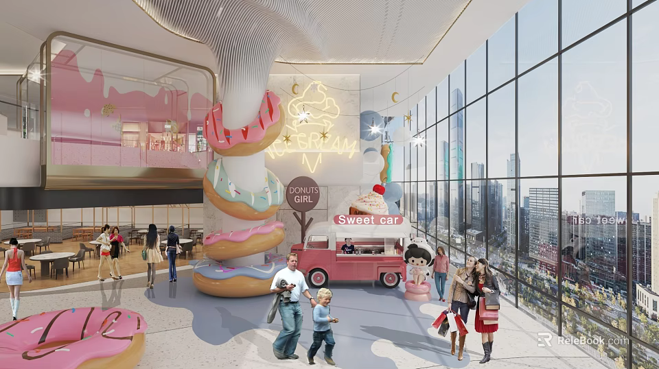Modern Kindergarten Interior With Giant Donut Decorations Pink Sweet Car And Neon Ice Cream Sign 3d model 