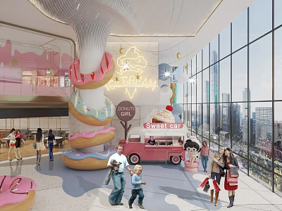 Modern Kindergarten Interior With Giant Donut Decorations Pink Sweet Car And Neon Ice Cream Sign 3d model