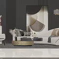 Modern White Sofa And Coffee Table Set With Gold Abstract Wall Art And Floor Lamp