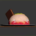 Delicious Pink Dessert Topped With Kiwi Slices And Chocolate Piece On White Plate Wooden Board