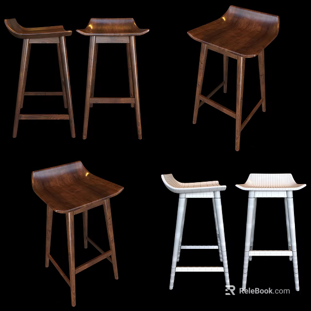 Stylish Wooden And Metal Bar Stools With High Legs And Various Seat Designs 3d model 