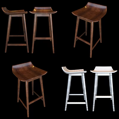 Stylish Wooden And Metal Bar Stools With High Legs And Various Seat Designs 3d model
