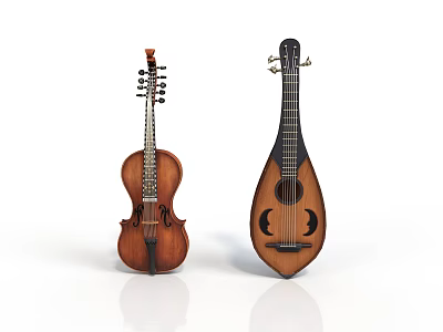 Wooden Musical Instruments Violin And Lute On White Background With Reflection 3d model