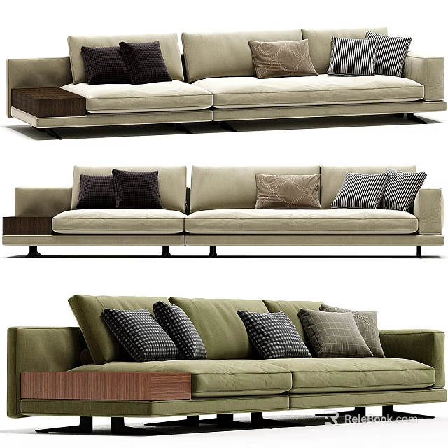 Beige And Green Sectional Sofa With Patterned Cushions And Wooden Side Table 3d model