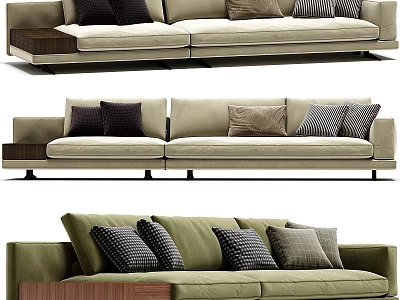 Beige And Green Sectional Sofa With Patterned Cushions And Wooden Side Table 3d model