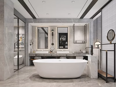 Hotel Room Bathroom With Modern Design White Freestanding Tub And Marble Counter 3d model
