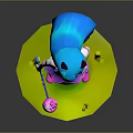 Cute Cat Eared Character With Blue Hair In Pink Dress Holding Pink Bag On Green Base