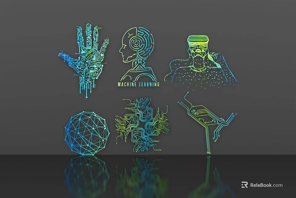 Neon Style Wall Decor Featuring Mechanical Hand Face Outline Spherical Grid Plant Pattern Gray Background 3d model